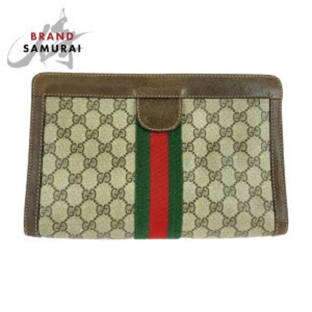 Gucci Sherry Brown Beige GG Supreme Canvas Leather Clutch Bag Shoulder